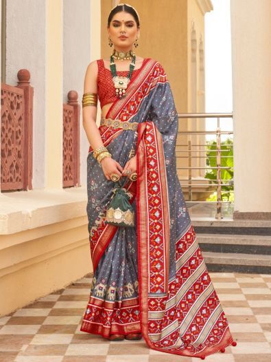 Awesome Grey Patola Print Silk Events Wear Saree With Blouse