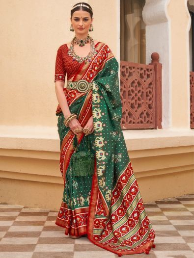 Fabulous Green Patola Print Silk Engagement Wear Saree With Blouse