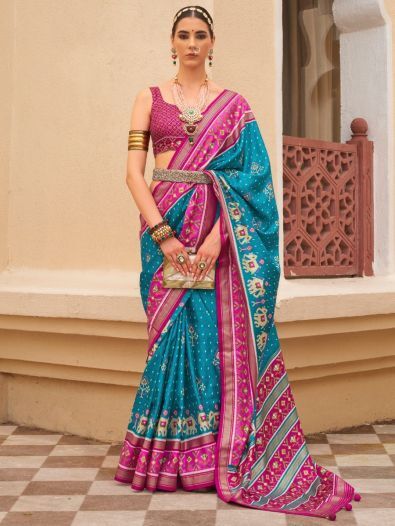 Lovely Aqua Blue Patola Print Silk Traditional Saree With Blouse