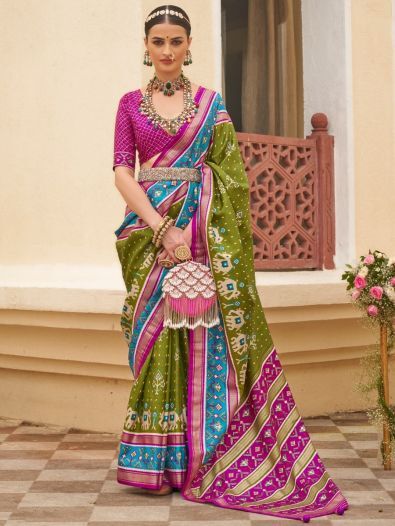 Enchanting Green Patola Print Silk Mehendi Wear Saree With Blouse