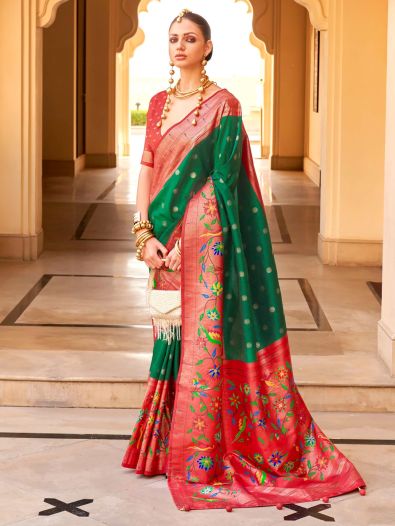 Magnetic Green Zari Weaving Silk Function Wear Saree With Blouse
