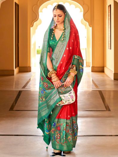 Surprising Red Zari Weaving Silk Wedding Wear Saree With Blouse