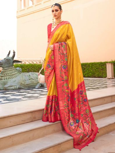 Breathtaking Yellow Zari Weaving Silk Traditional Saree With Blouse
