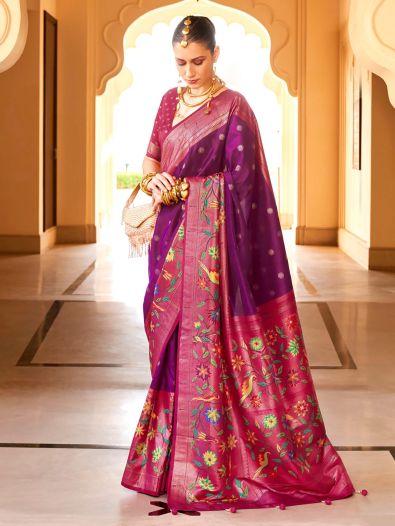 Stunning Wine Zari Weaving Silk Reception Wear Saree With Blouse