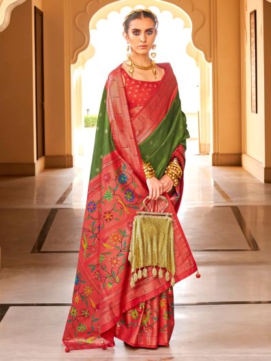 Pretty Olive Green Zari Weaving Silk Festival Wear Saree With Blouse