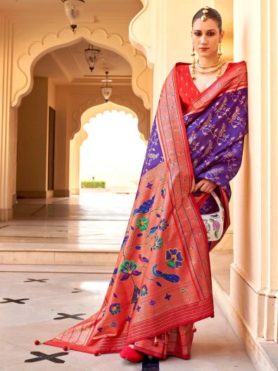 Alluring purple Zari Weaving Silk Wedding Wear Saree With Blouse