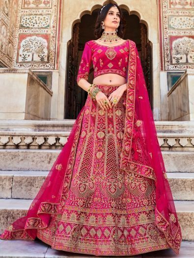 Alluring Pink Zarkan Work Velvet Bridal Wear Lehenga Choli