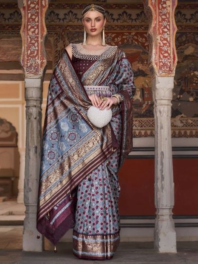 Stunning Grey Digital Print Silk Event Wear Saree With Blouse
