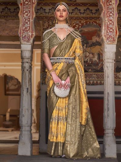 Attractive Yellow Digital Print Silk Festival Wear Saree With Blouse