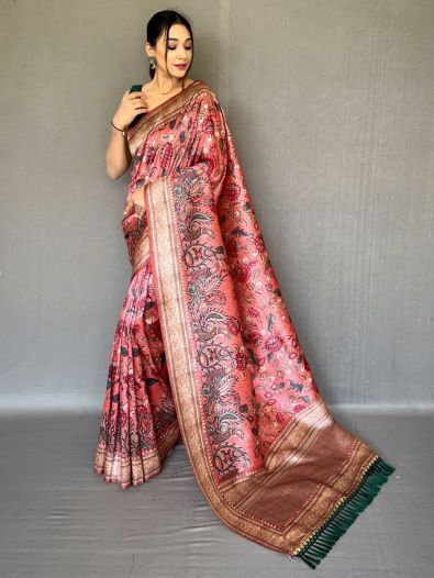 Stunning Pink Kalamkari Printed Silk Festival Wear Saree With Blouse