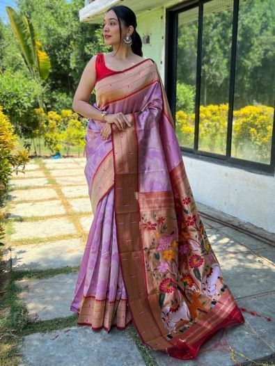 Cute Lavender Woven Paithani Silk Reception Wear Saree With Blouse