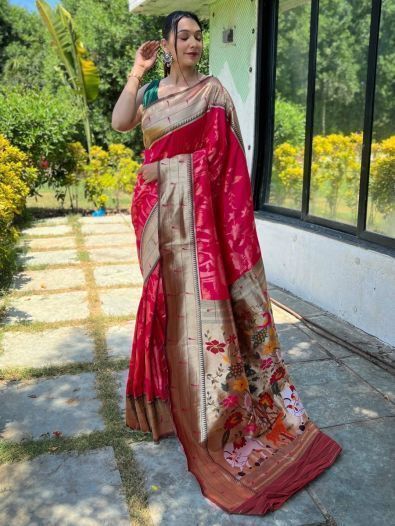 Gorgeous Rani Pink Woven Paithani Silk Classic Saree With Blouse