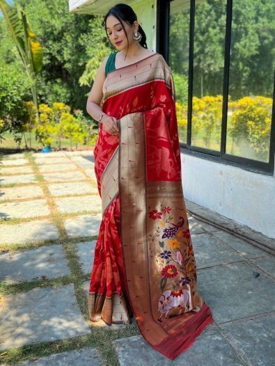 Stunning Red Woven Paithani Silk Event Wear Saree With Blouse