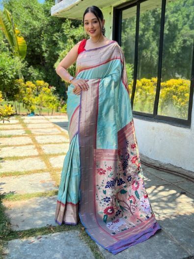 Fantastic Sky Blue Woven Paithani Silk Event Wear Saree With Blouse