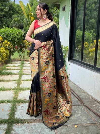 Precious Black Woven Paithani Silk Traditional Wear Saree With Blouse