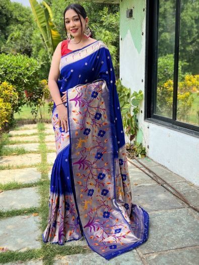 Delightful Blue Woven Paithani Silk Event Wear Saree With Blouse