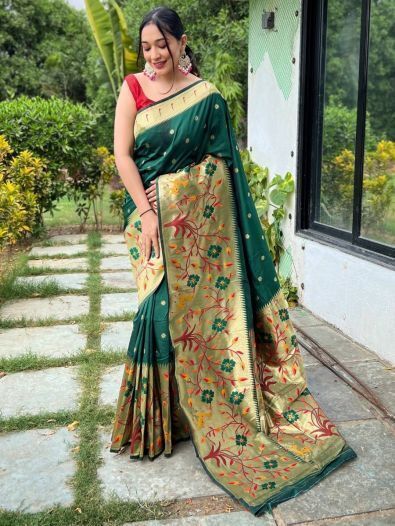 Attractive Green Woven Paithani Silk Classic Saree With Blouse