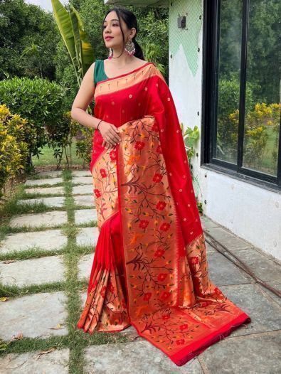 Glamorous Red Woven Paithani Silk Festival Wear Saree With Blouse