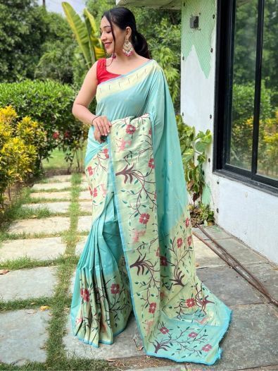 Pleasing Cyan Woven Paithani Silk Contemporary Saree With Blouse