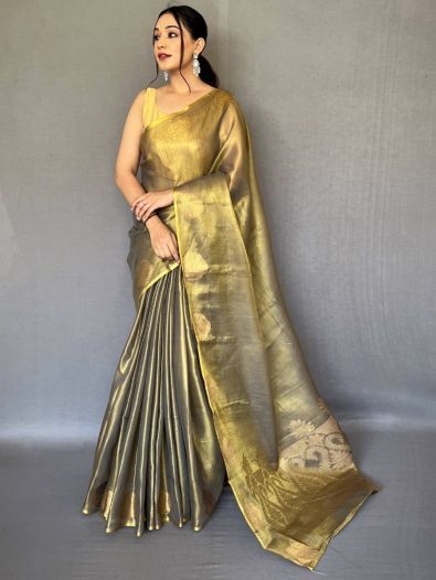 Alluring Olive Green Woven Silk Wedding Wear Saree With Blouse