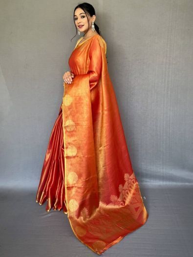 Mesmerizing Orange Woven Silk Reception Wear Saree With Blouse