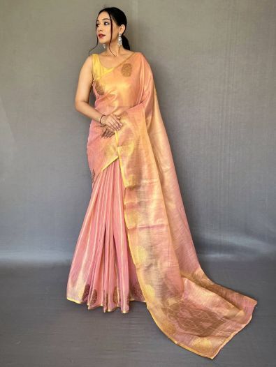 Fascinating Peach Woven Silk Festival Wear Saree With Blouse
