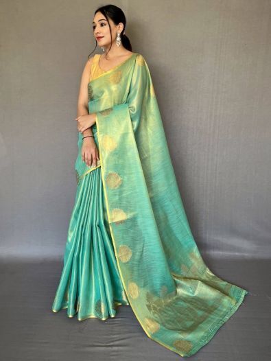 Glamorous Turquoise Woven Silk Wedding Wear Saree With Blouse