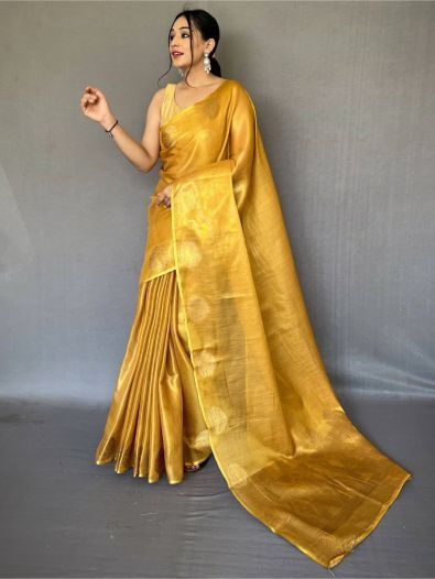 Enchanting Yellow Woven Silk  Traditional Saree With Blouse
