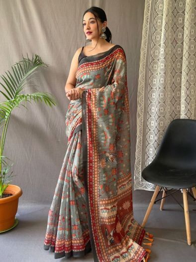 Elegant Grey Kalamkari Print Cotton Festival Wear Saree With Blouse