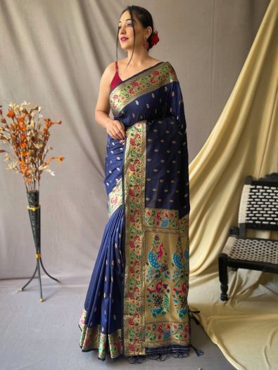 Stunning Blue Woven Paithani Silk Traditional Saree With Blouse
