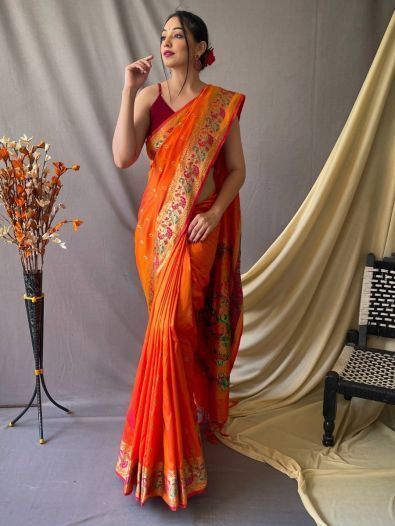 Precious Orange Woven Paithani Silk Trendy Saree With Blouse