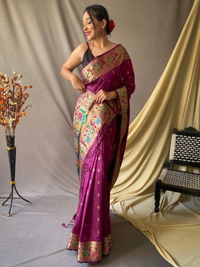 Lovely Purple Woven Paithani Silk Wedding Wear Saree With Blouse