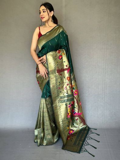 Fascinating Green Woven Paithani Silk Reception Wear Saree With Blouse