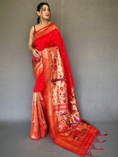 Mesmerizing Red Woven Paithani Silk Wedding Wear Saree With Blouse