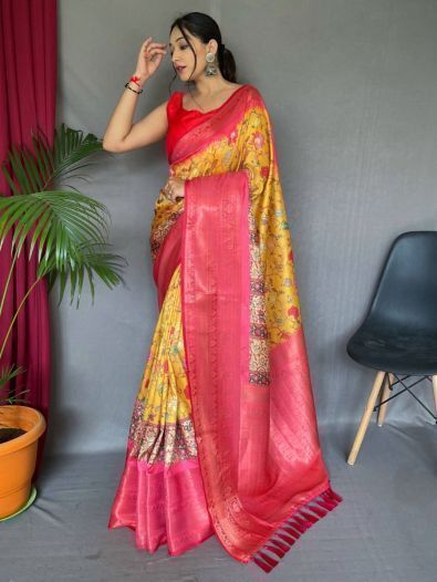 Fabulous Pink & Yellow Digital Printed Silk Saree With Blouse 
