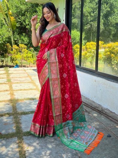Stunning Red Patola Woven Silk Wedding Wear Saree With Blouse