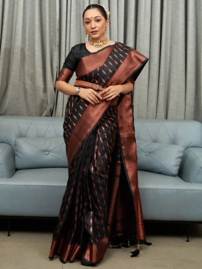 Adorable Black Woven Soft Silk Festival Wear Saree With Blouse