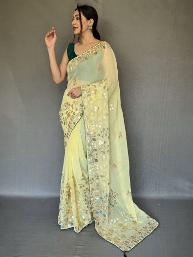 Charming Yellow Embroidered Chiffon Wedding Wear Saree With Blouse