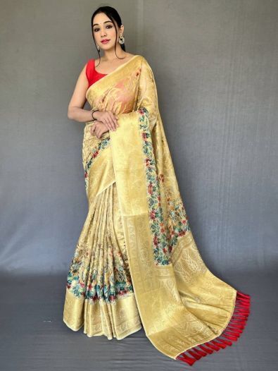 Pleasant Pastel Yellow Floral Printed Organza Saree With Blouse 