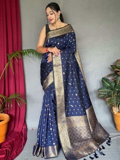 Alluring Navy Blue Zari Woven Silk Festival Wear Saree With Blouse