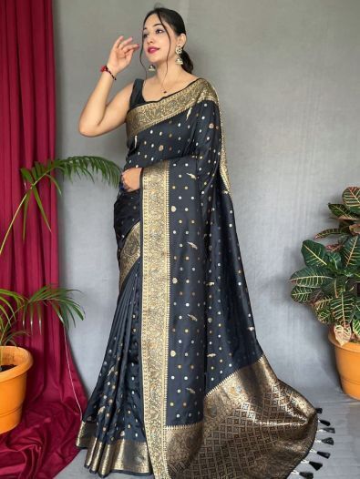 Stunning Black Zari Woven Silk Saree With Blouse