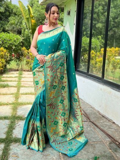 Stunning Teal Green Woven Paithani Silk Wedding Wear Saree With Blouse