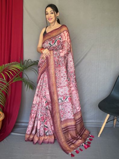Beautiful Pink Digital Printed Cotton Festive Wear Saree With Blouse