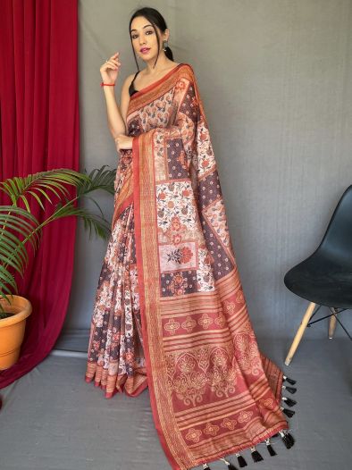 Charming Brown Digital Printed Cotton Traditional Saree With Blouse