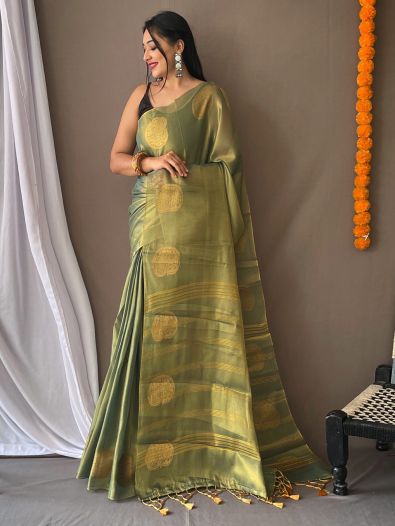 Entrancing Green Zari Weaving Tissue Silk Saree With Blouse