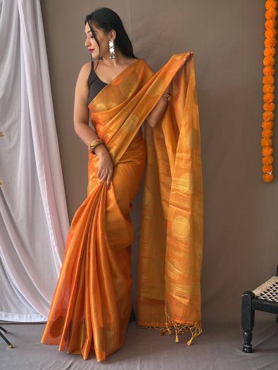 Fabulous Orange Zari Weaving Tissue Silk Saree With Blouse