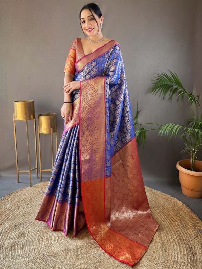 Fabulous Blue Zari Weaving Silk Function Wear Saree With Blouse