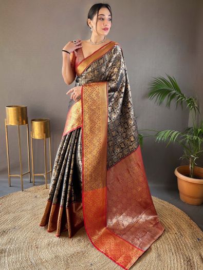 Amazing Black Zari Weaving Silk Reception Wear Saree With Blouse