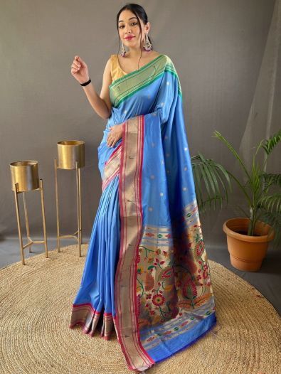 Beautiful Sky-Blue Zari Weaving Silk Events Wear Saree With Blouse