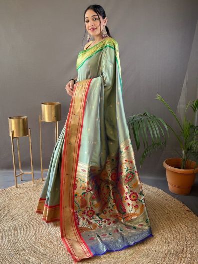 Awesome Green Zari Work Silk Party Wear Saree With Blouse